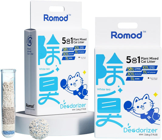 1 Pack 5-in-1 Tofu Cat Litter, Mixed Cassava, Bentonite, Baking Soda, SAP, Natural Plant, Fast Clumping, Strong Water Adsorption & Deodorization, No Tracking, Dust-Free, Flushable, 7.9lbs*2